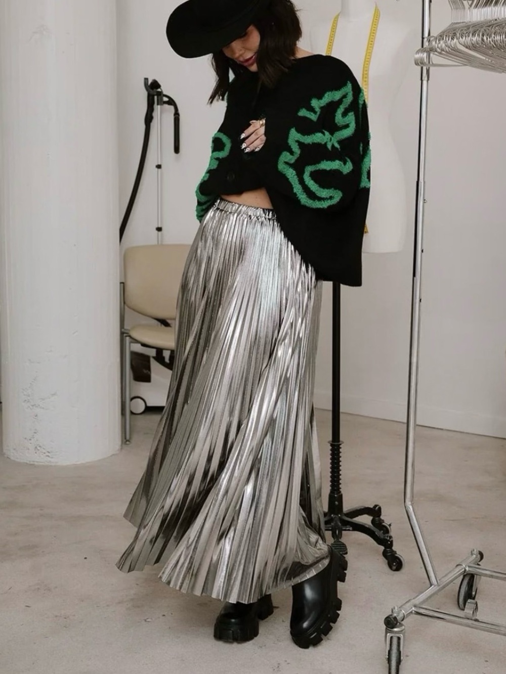 NWT Dressed in Lala Metallic Pleated Midi Skirt in Sterling Silver